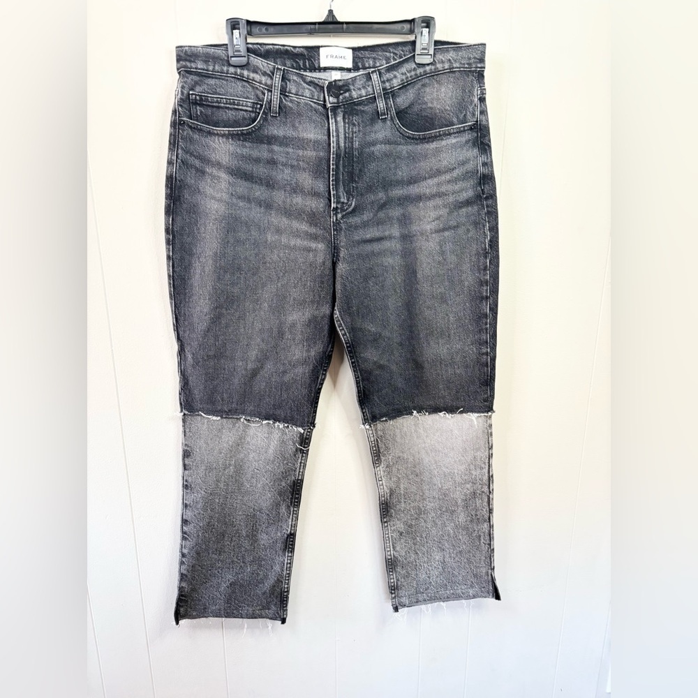 Frame denim two toned straight leg high rise raw hem jeans size 32